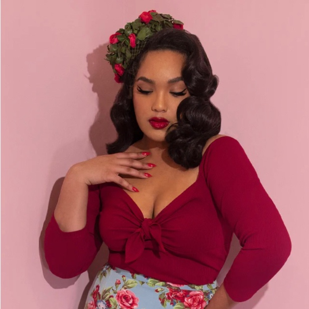 Vixen by Micheline Pitt Tie Me Up Top in Red | 3/4 Sleeve Blouse Vintage Repro